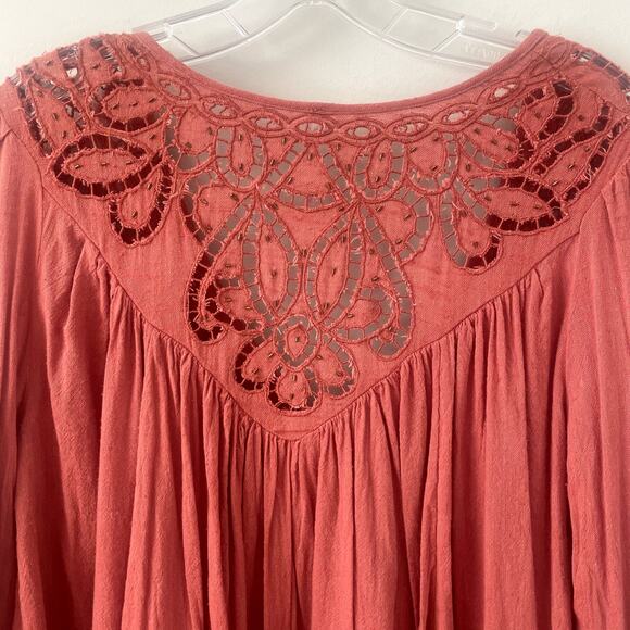 Free People Orange Oversized Long Sleeve Lace Top Sz XS - Picture 4 of 6